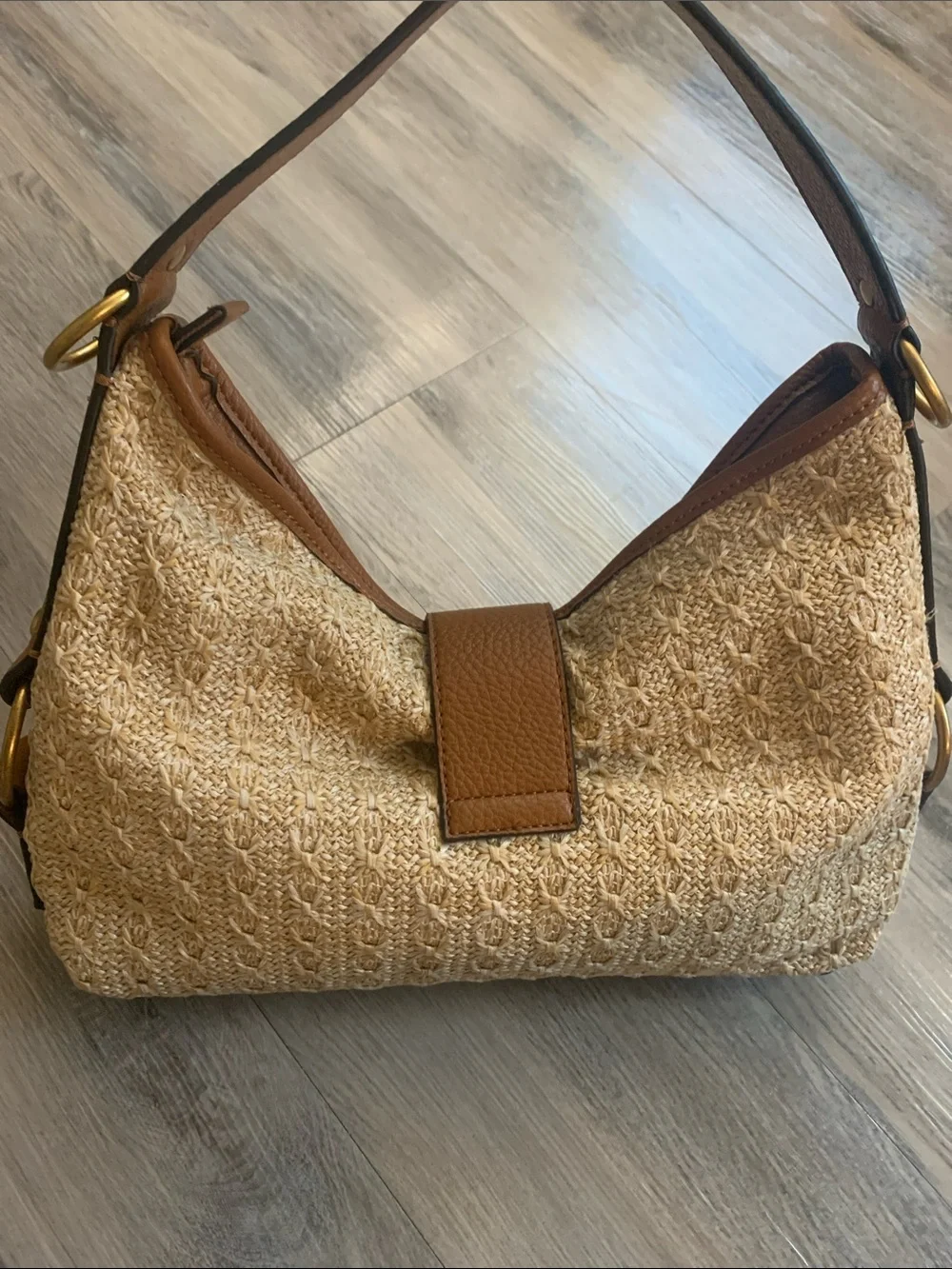 GUESS Camden Raffia Hobo Bag with Tan Leather and Gold Logo